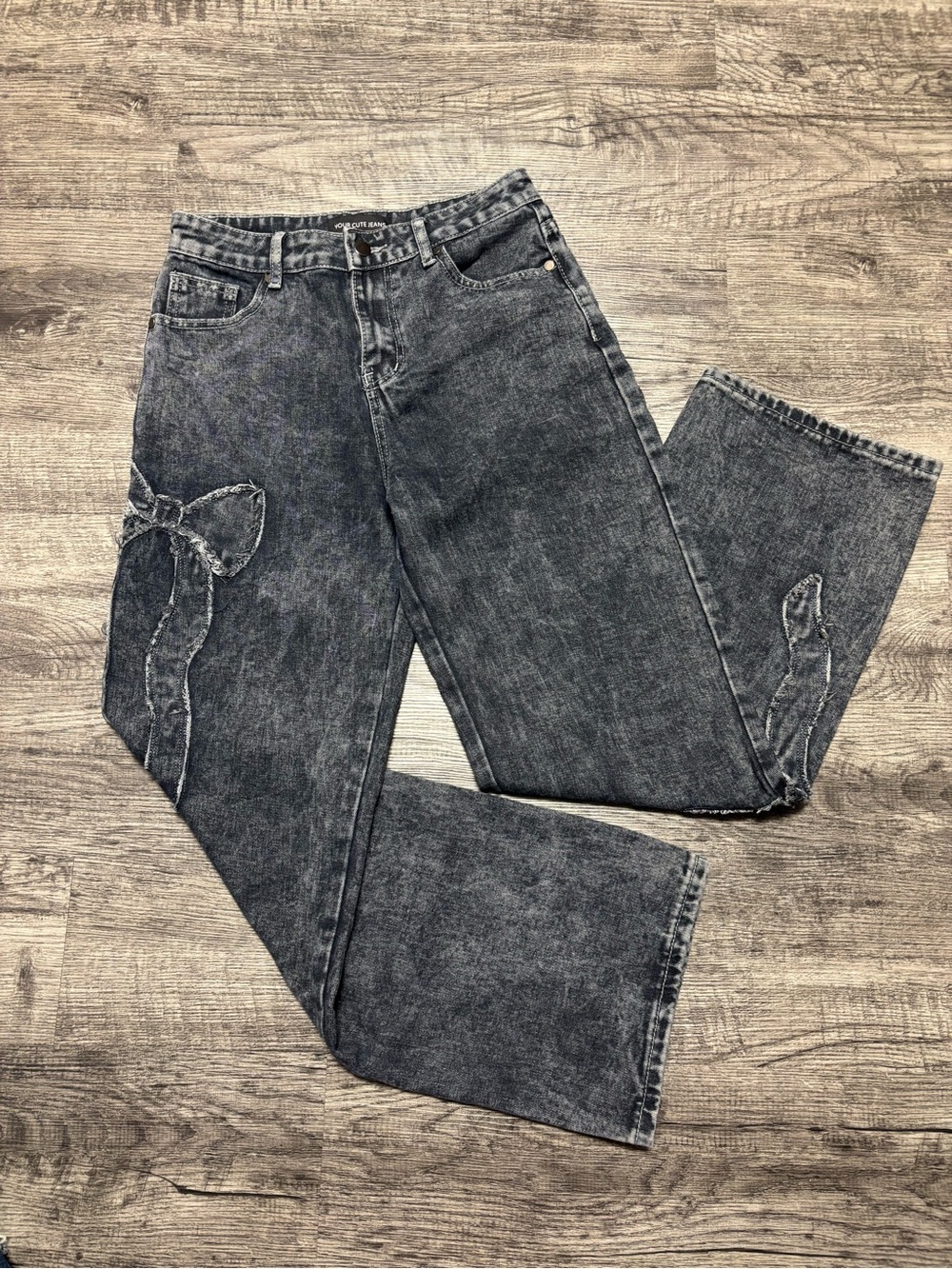 Black Acid Wash Wide-Leg Jeans with Bow Detail